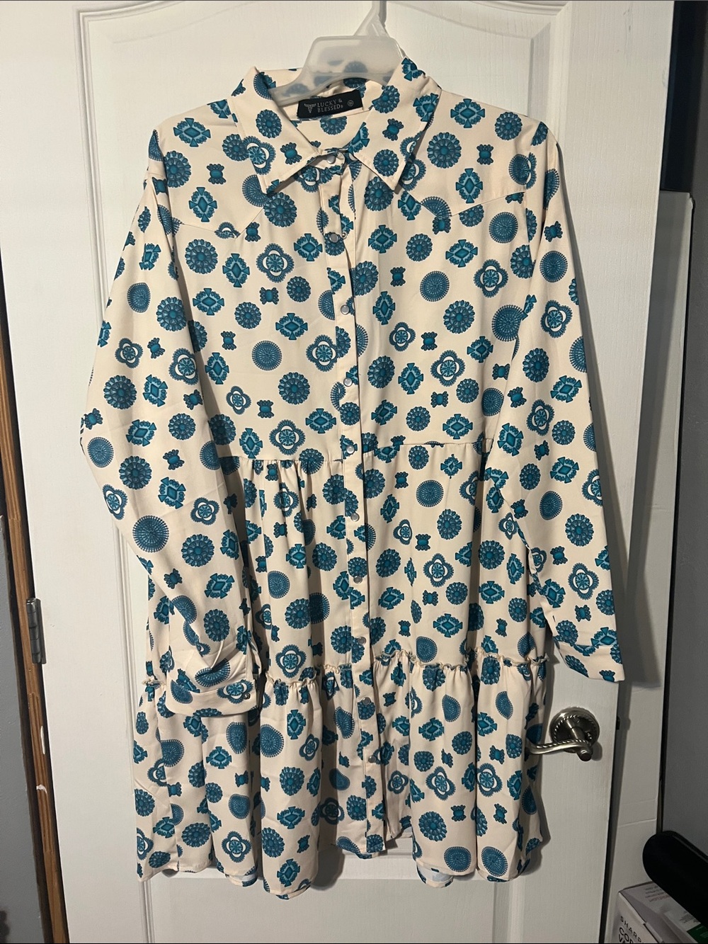 Lucky & Blessed Cream dress with Teal Medallion Print